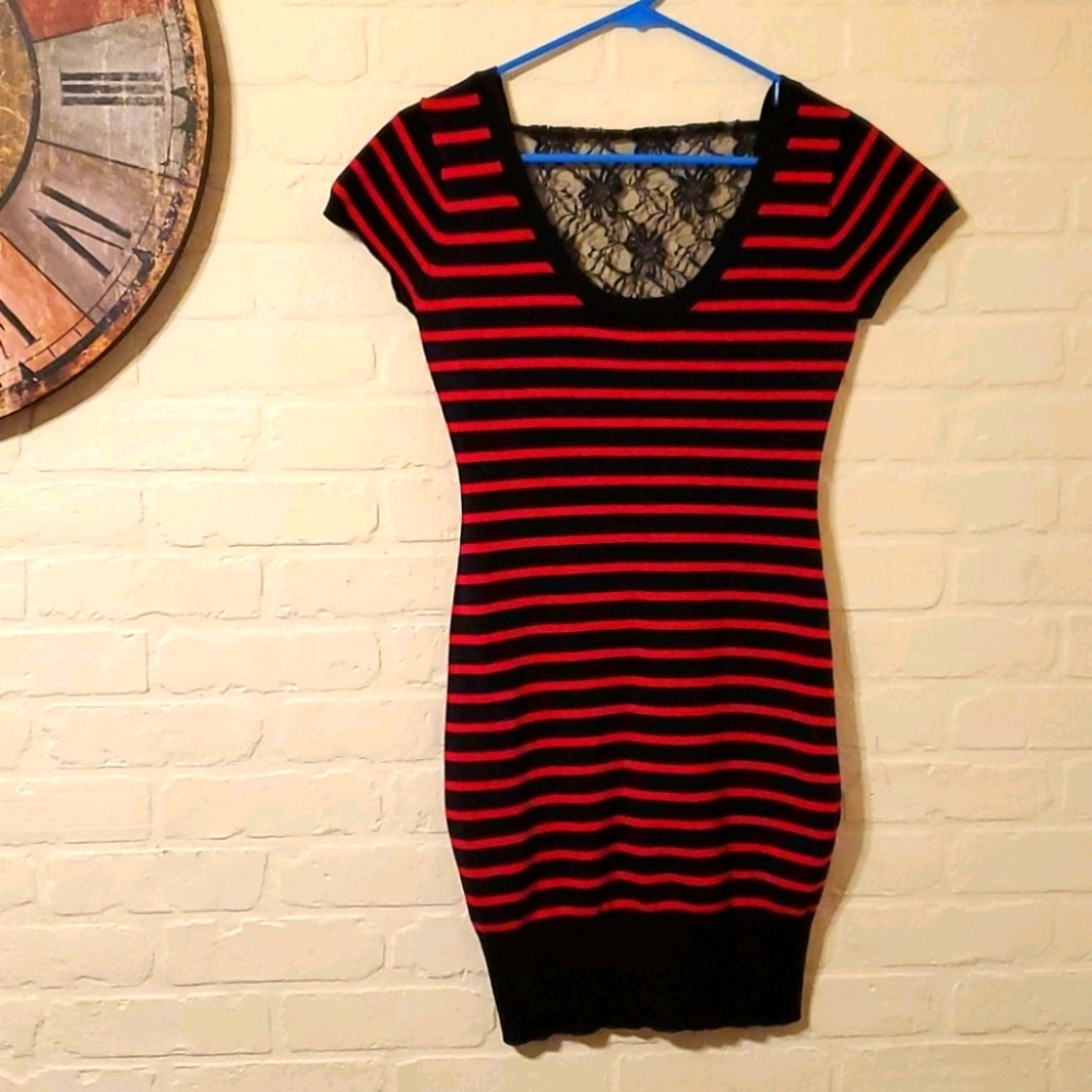 Say What? Striped Lace Back Sweater Body Con Dress